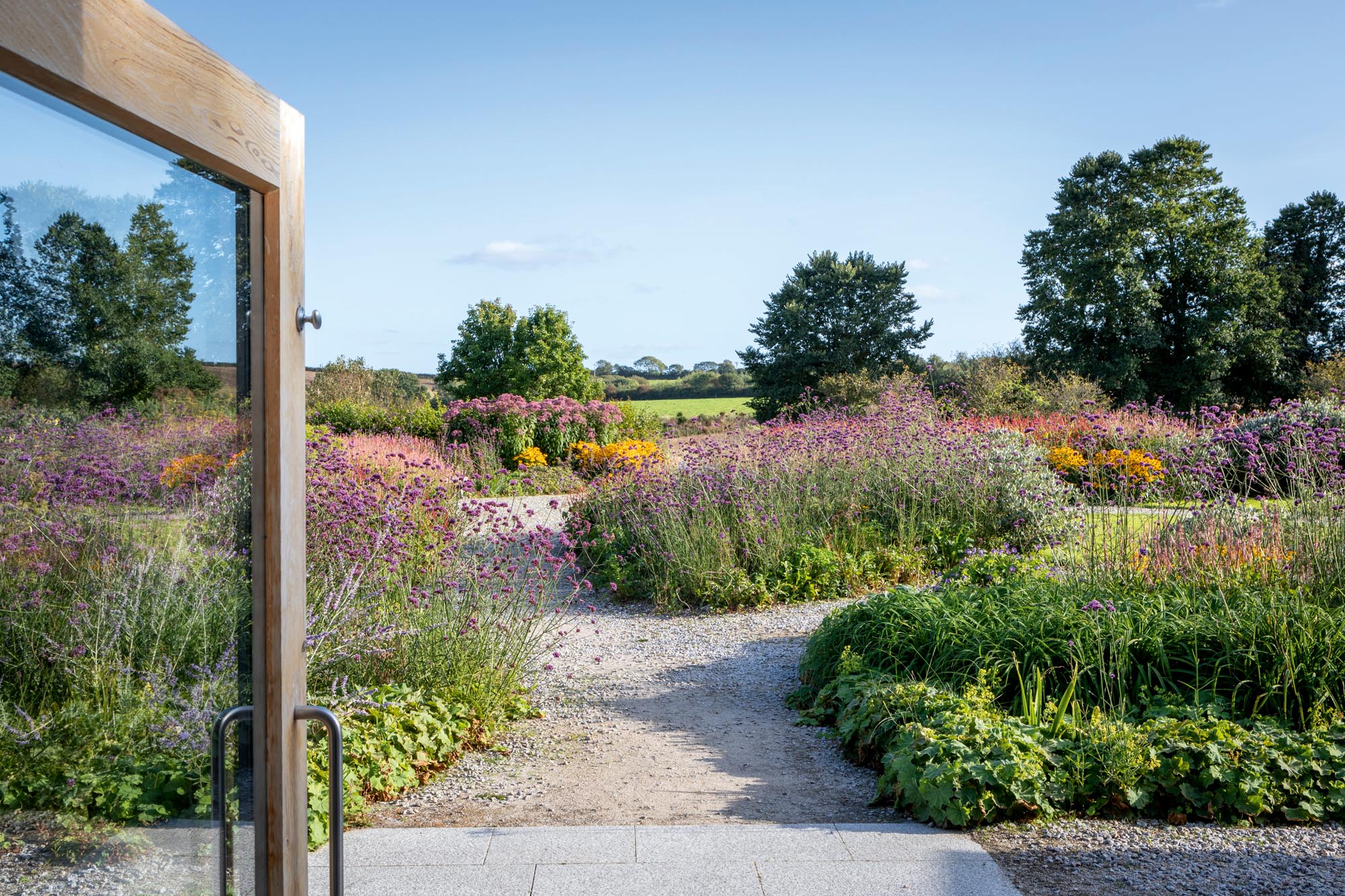 The gallery door opens onto the old mowhay, where hay was once stacked, and which is now informally planted with perennials providing a link to the landscape beyond. Kestle Barton, Cornwall, garden design by James Alexander-Sinclair. Late summer/ autumn planting. View from inside the gallery looking out. ©Mark Bolton Photography