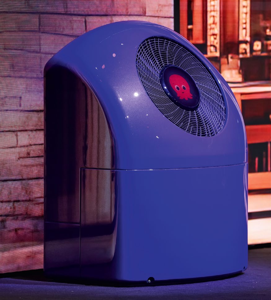 A modern purple heat pump displayed prominently, highlighting innovative energy solutions in the context of Octopus Energy's financing options.