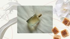 A stock image of a single, glass perfume bottle pictured on a white, linen bedding background and featured in a cream template with pink swirly lines and stock images of a milk spill, brown sugar cubes and white florals to demonstrate the 'outdated' and trending notes of 2026. 