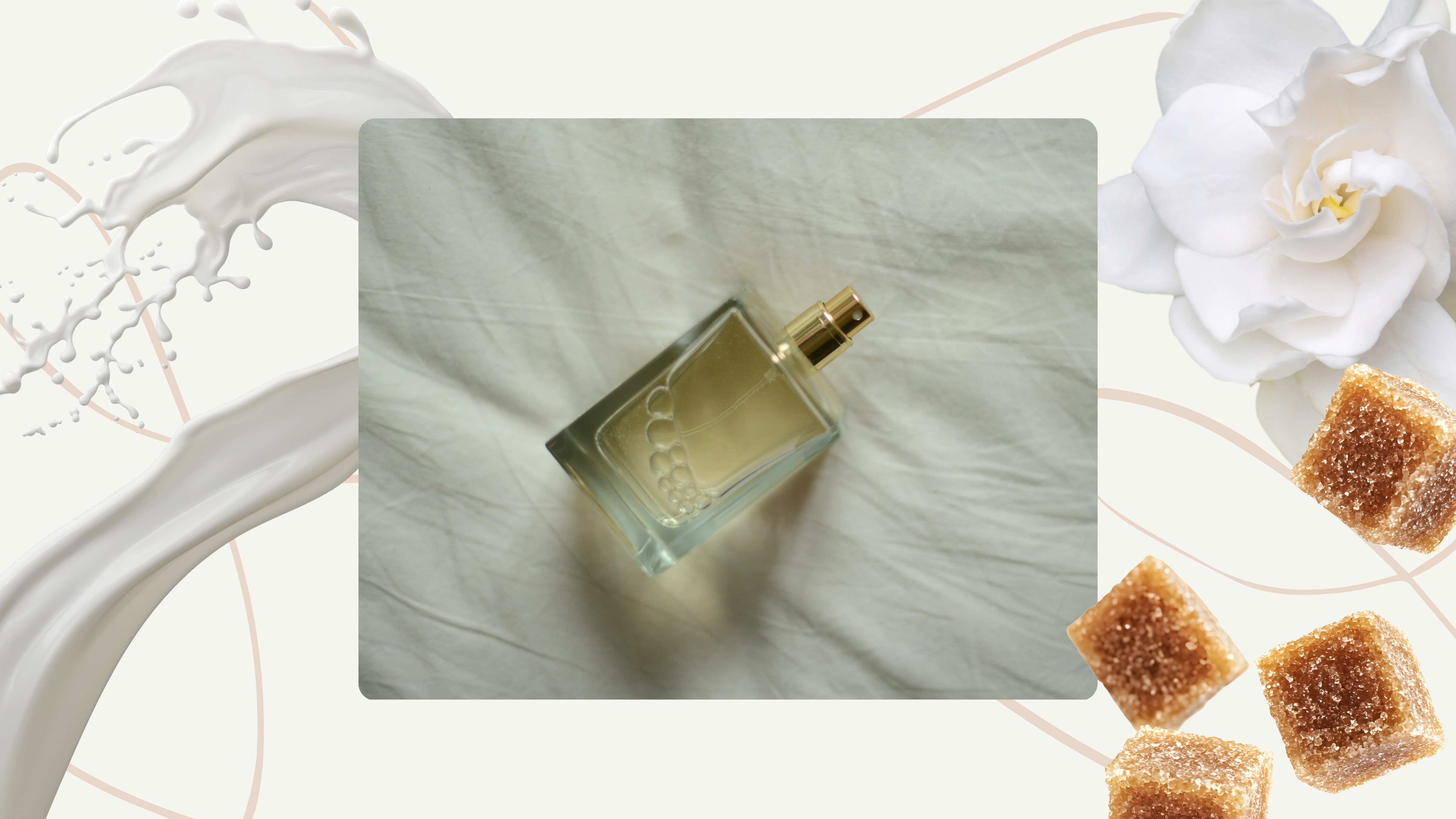 A stock image of a single, glass perfume bottle pictured on a white, linen bedding background and featured in a cream template with pink swirly lines and stock images of a milk spill, brown sugar cubes and white florals to demonstrate the 'outdated' and trending notes of 2026. 