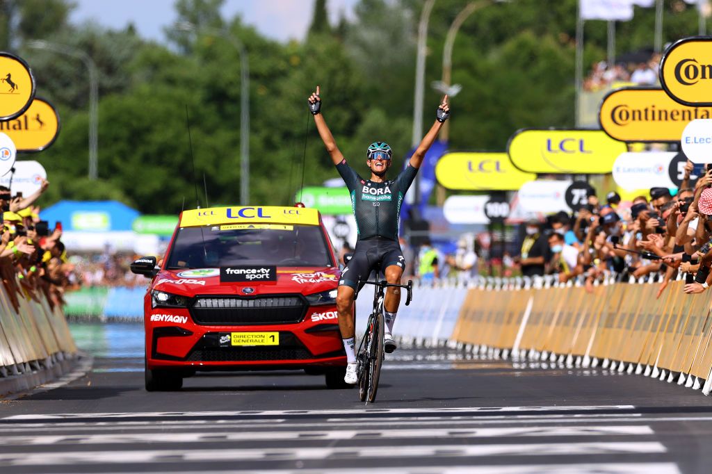 NMES FRANCE JULY 08 Nils Politt of Germany and Team BORA Hansgrohe stage winner celebrates at arrival during the 108th Tour de France 2021 Stage 12 a 1594km stage from SaintPaulTroisChateaux to Nimes LeTour TDF2021 on July 08 2021 in Nmes France Photo by Tim de WaeleGetty Images