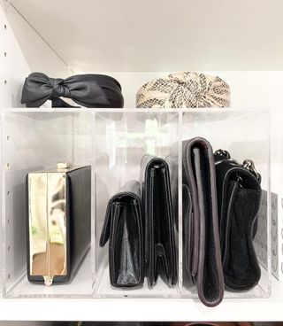 Clear storage bins with accessories in a closet