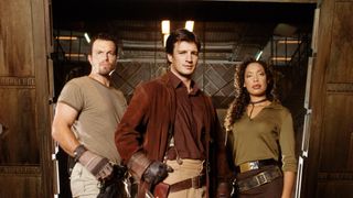 (Left to right) Adam Baldwin, Nathan Fillion, Gina Torres in Firefly