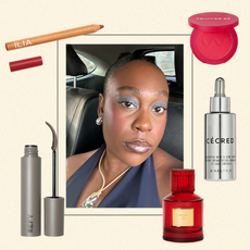 Collage of beauty products and editor Aniyah Morinia