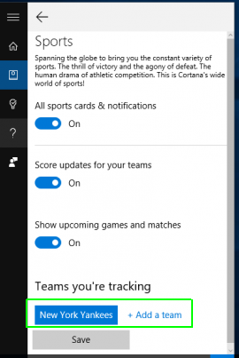 Click Sports to tell Cortana what teams to track
