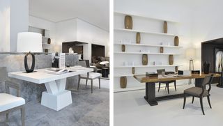 Two side-by-side photos of an interior designed by Christian Liaigre featuring white walls, tables, chairs, lamps and shelving with multiple items