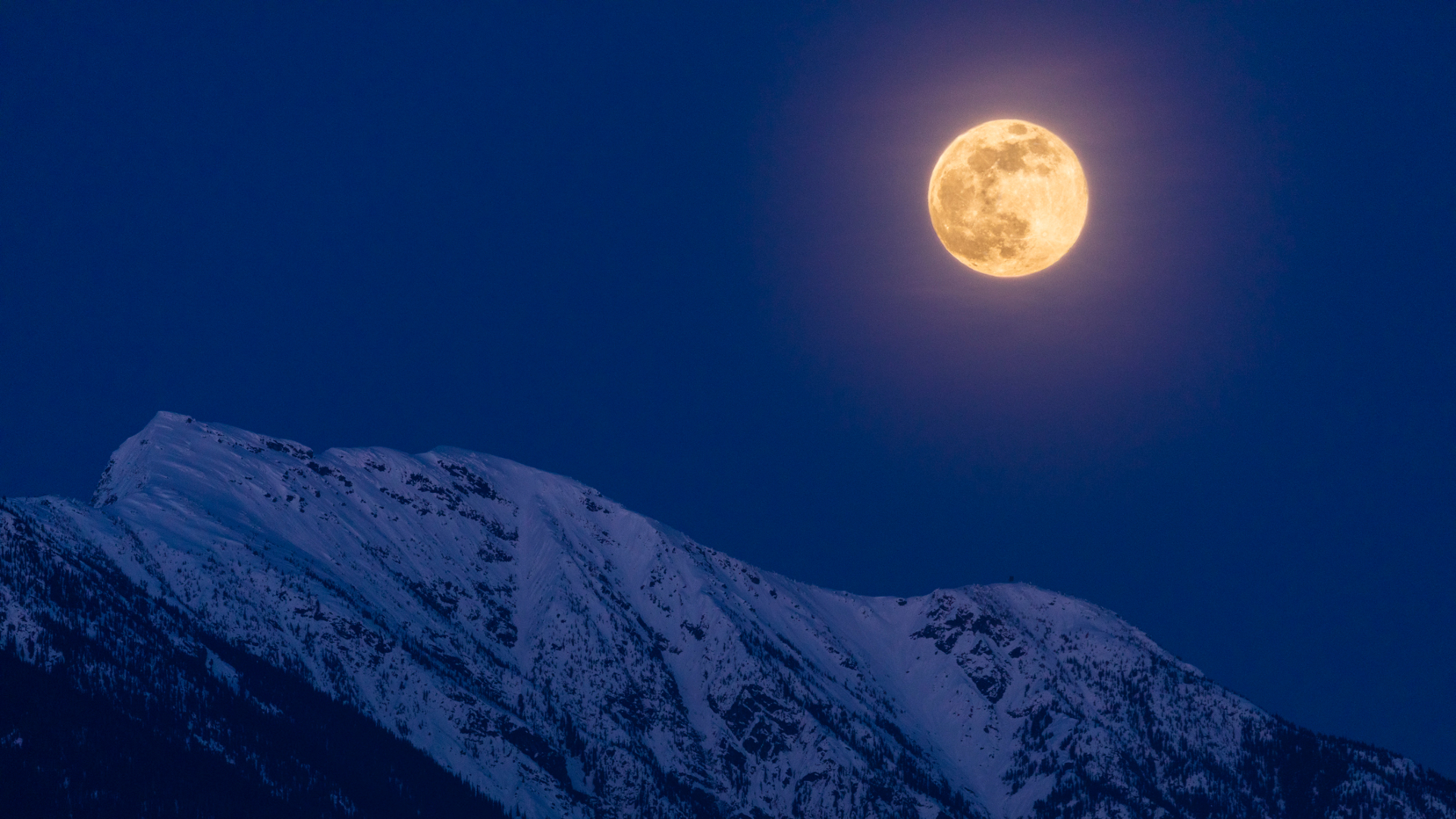 A glowing yellow full moon is seen in a dark blue night sky with a snowy mountain in the foreground