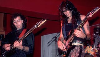 Joe Satriani (left) and Steve Vai perform onstage the Limelight, Chicago, Illinois, June 27, 1987.