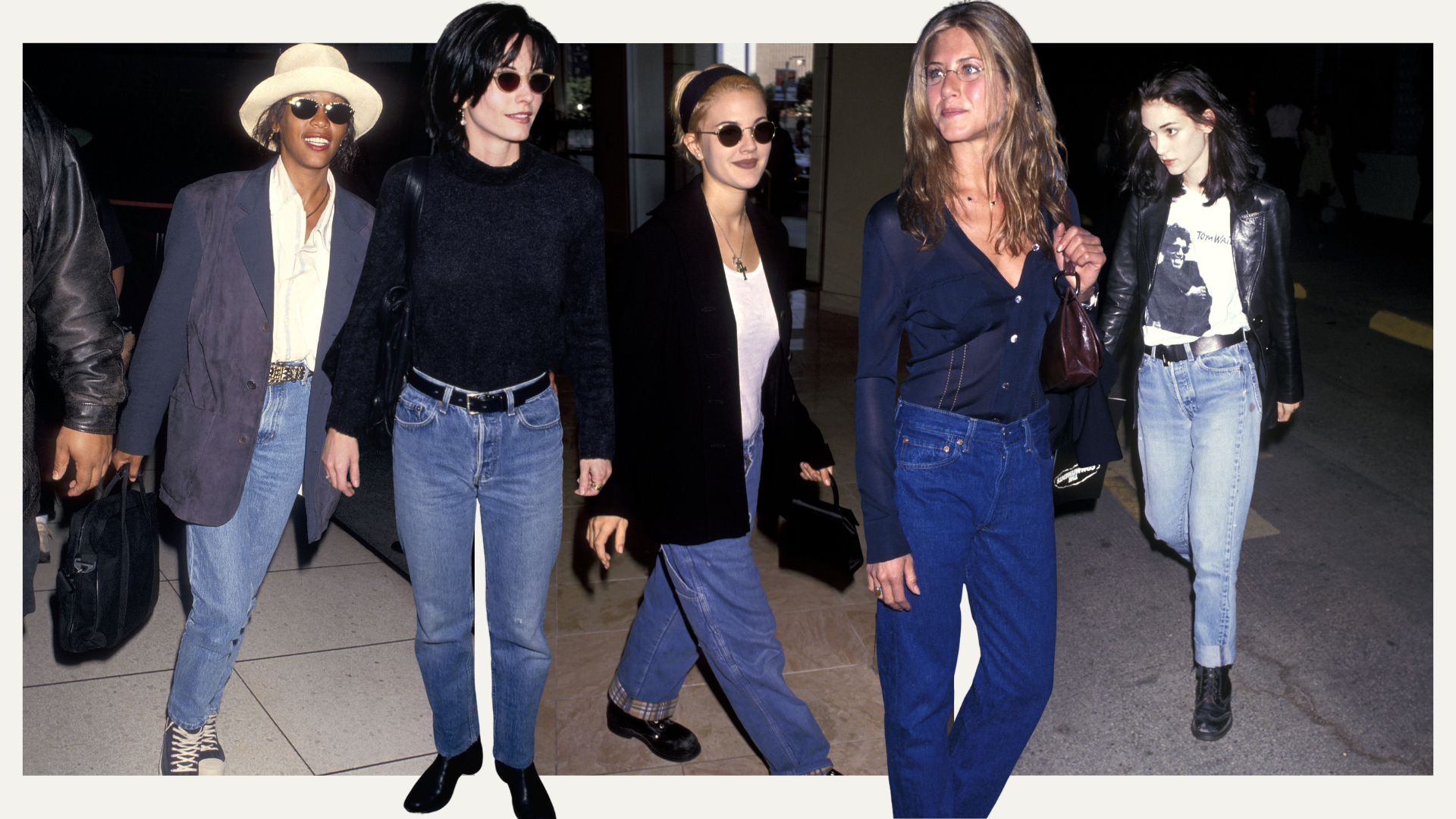 Five fashion people wear 90s autumn jeans outfits. 