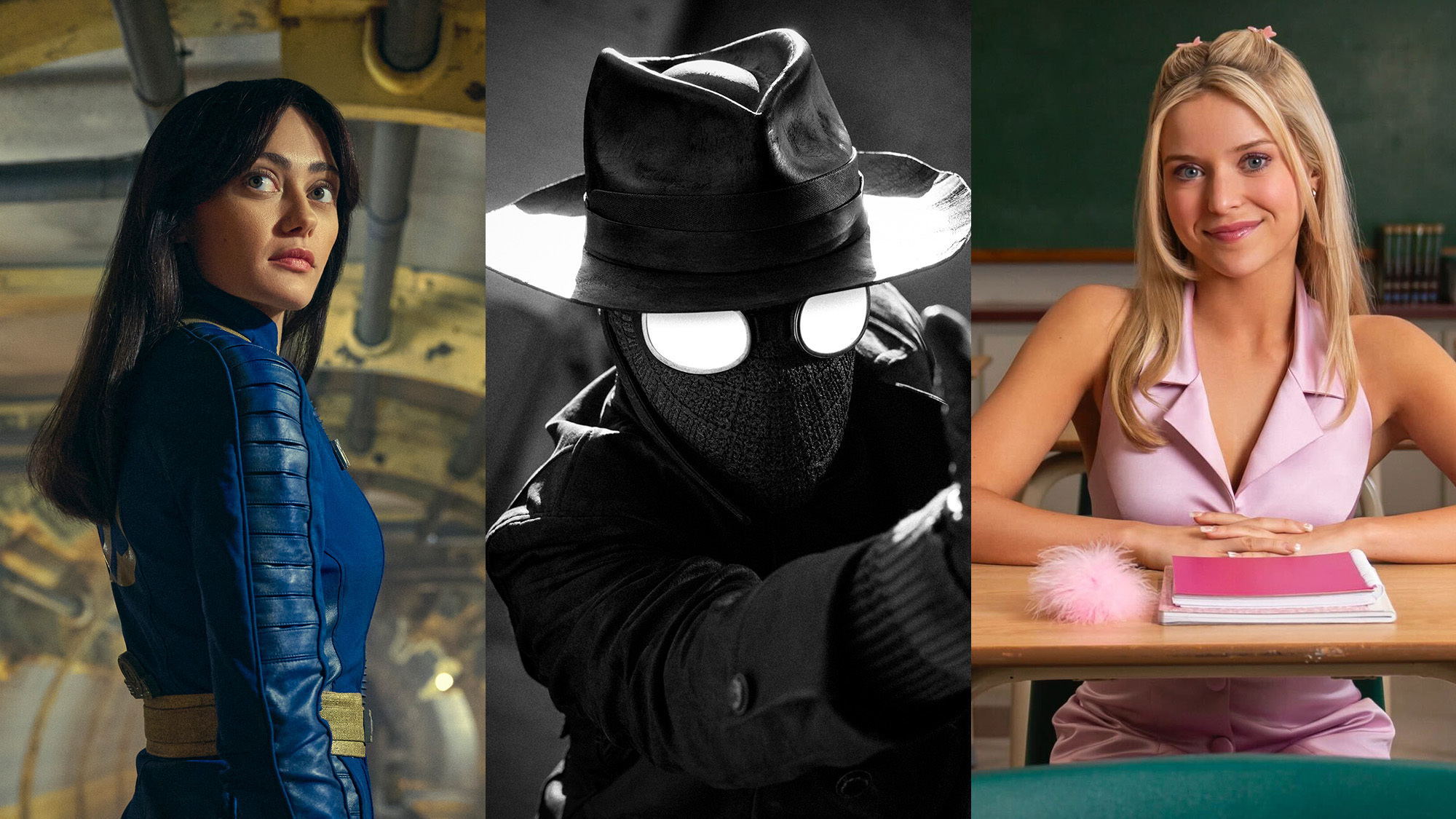 A three panel promotional image for Amazon shows: Fallout, Spider-Noir and Legally Blonde