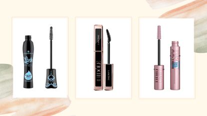 A collage of three of the best waterproof mascaras featured in this guide from Essence, Lancome, and Maybelline