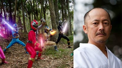 Left: Action scene from Power Rangers Dino Fury, Right: Headshot of stunt coordinator Akihiro Yuji Noguchi 