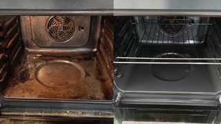 before and after of oven clean using baking soda