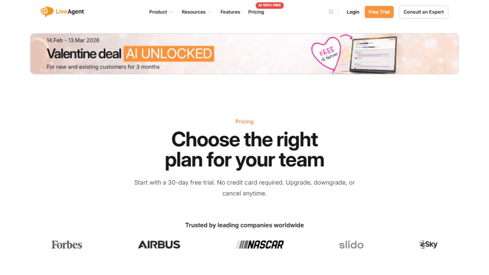 Website screenshot of LiveAgent (February, 2026)