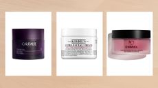 Collage of three of the best night creams featured in this guide from (left to right) Caudalie, Kiehl's and Chanel, set against a warm beige watercolour-style background