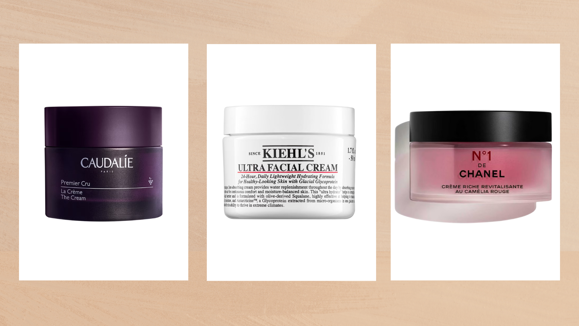 Collage of three of the best night creams featured in this guide from (left to right) Caudalie, Kiehl's and Chanel, set against a warm beige watercolour-style background