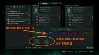 Avowed workbench item upgrade interface with item quality tiers and upgrade materials