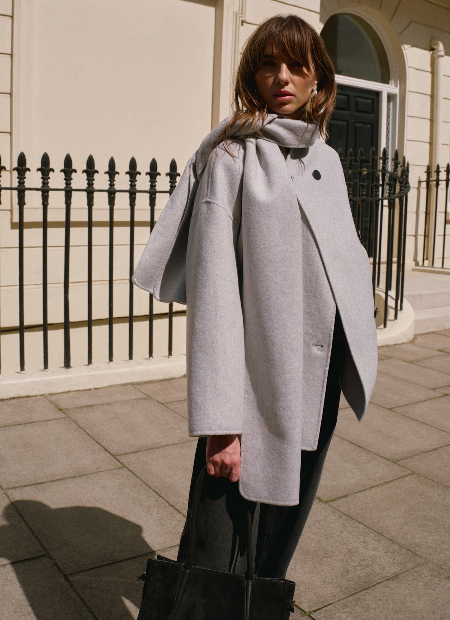 Light Grey Wool Blend Hand Finished Scarf Detail Coat