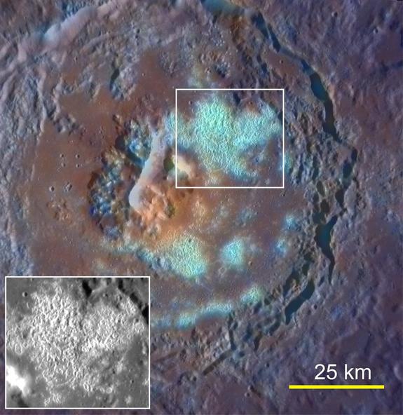 This photo of a Mercury crater seen by NASA's Messenger spacecraft shows what appears to be a large pit in the center, possibly volcanic vent, from which the orange material erupted. Some odd hollows appear in cyan, a result of their high reflectance and bluish color relative to other parts of the planet. This image was released on Sept. 29, 2011.