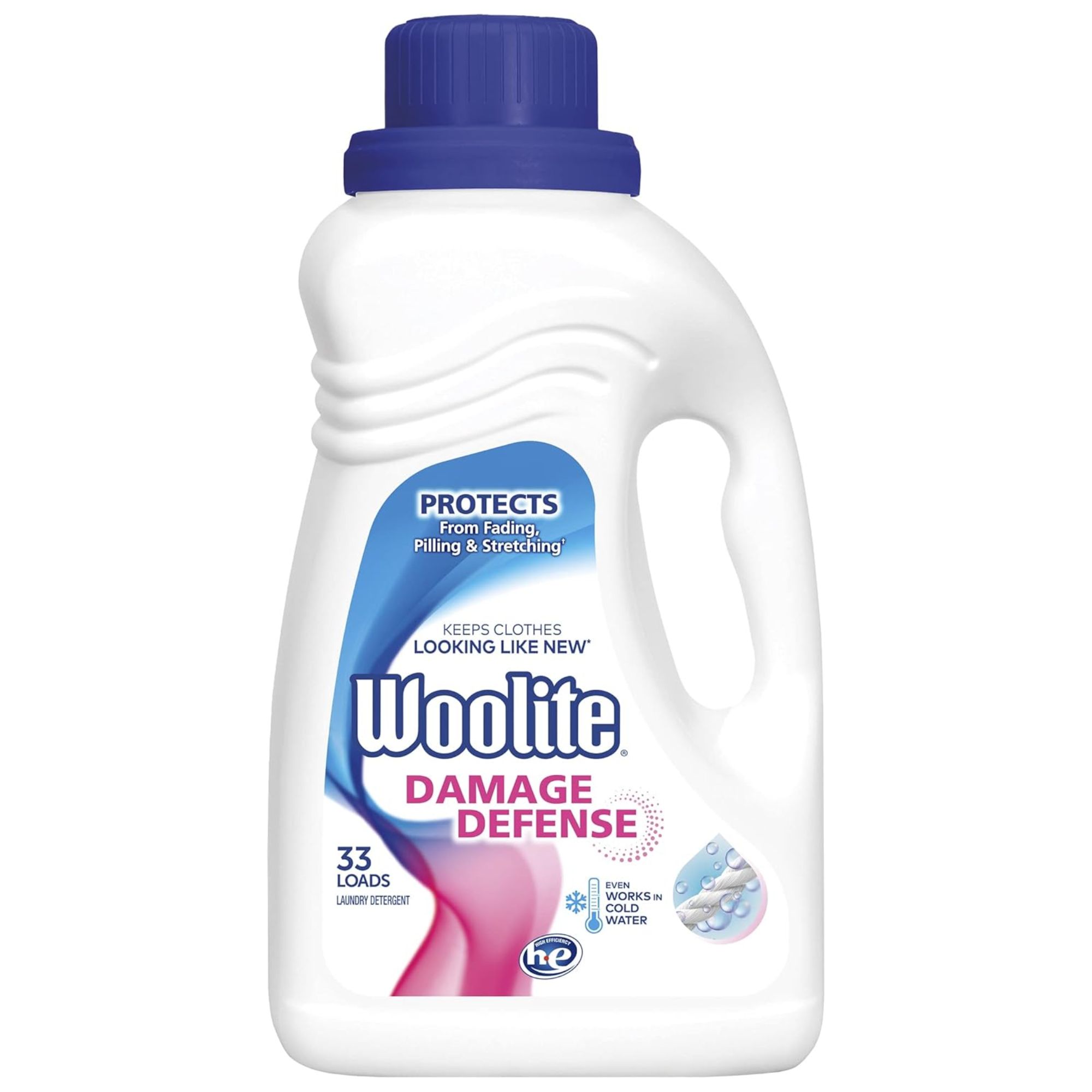 A white and blue bottle of Woolite damage defense detergent.