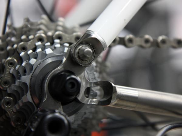 A tiny cartridge bearing pivot at the end of the seat stays on Serotta's current Ottrott allow for more flex in the rear end and, according to Serotta, more comfort and better traction in corners.