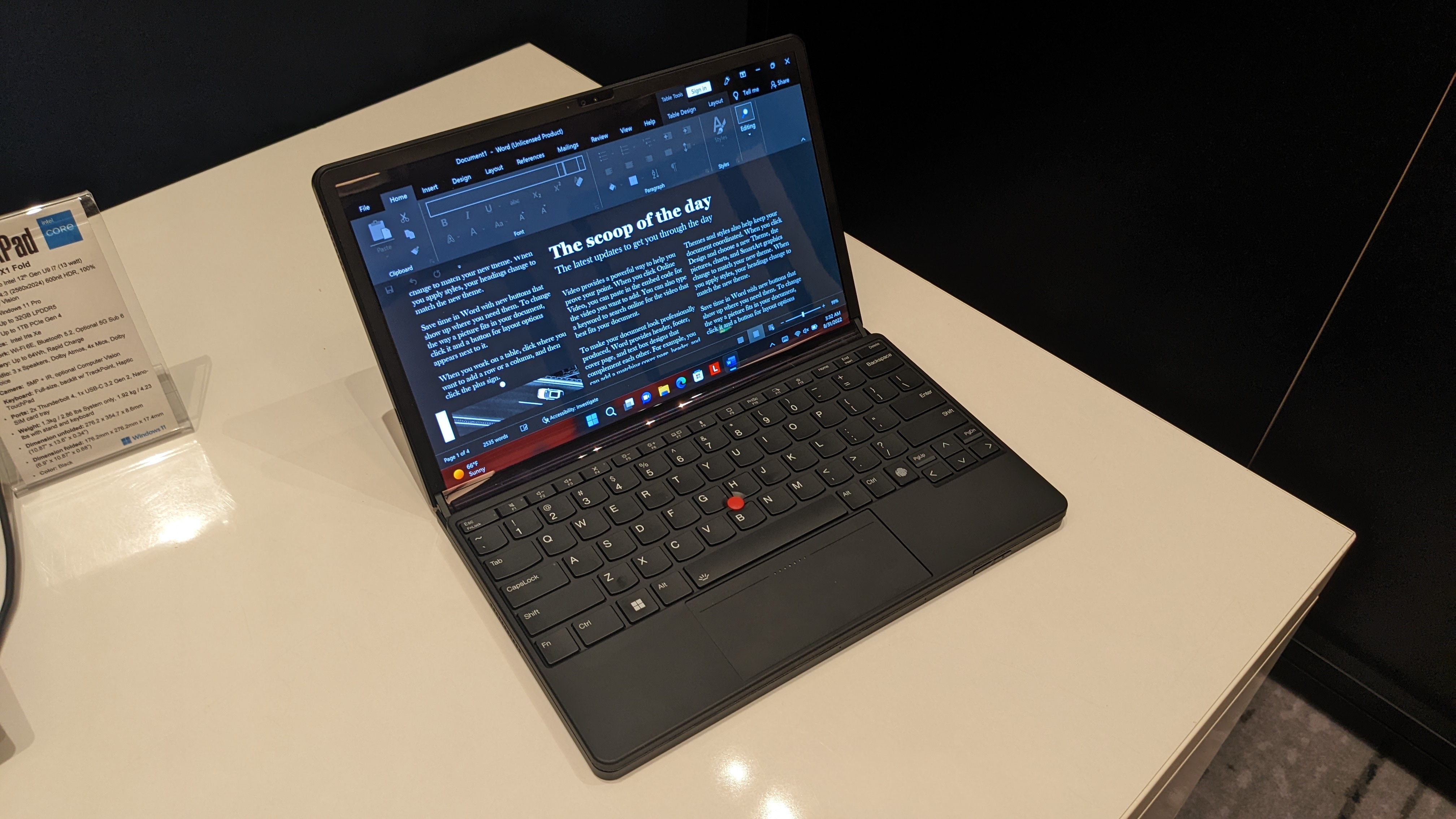 Lenovo ThinkPad X1 Fold Gen 2 pre-production test unit pictured on a white desk.