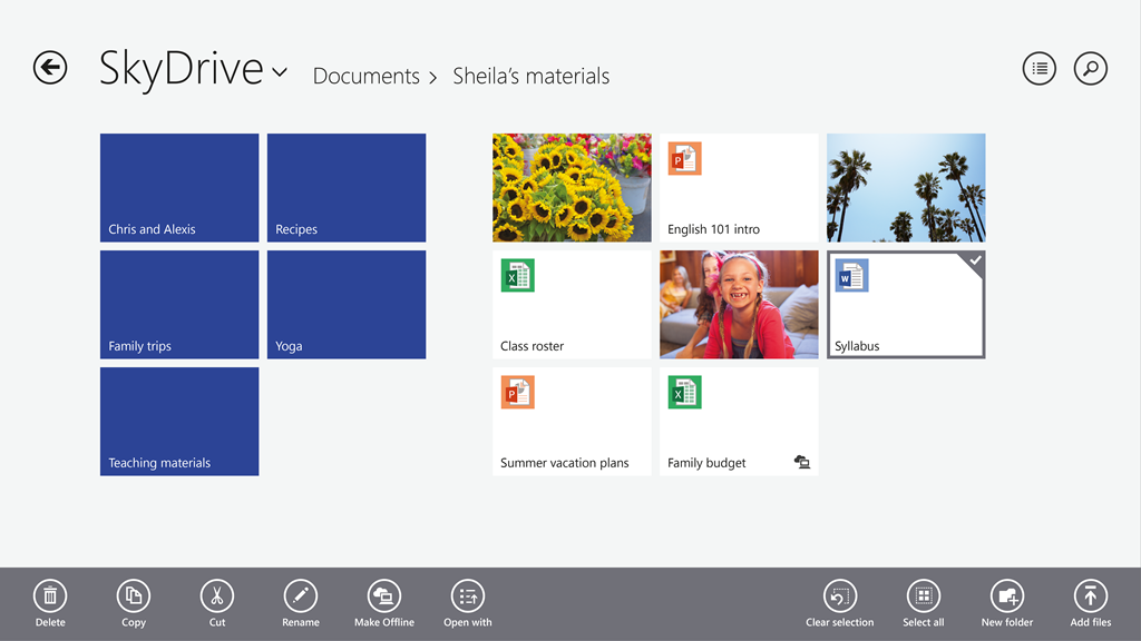 SkyDrive screen