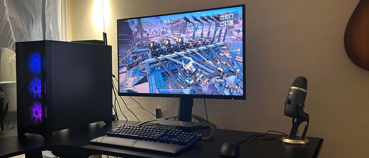 A Corsair Xeneon 32UHD144 on a gaming desk