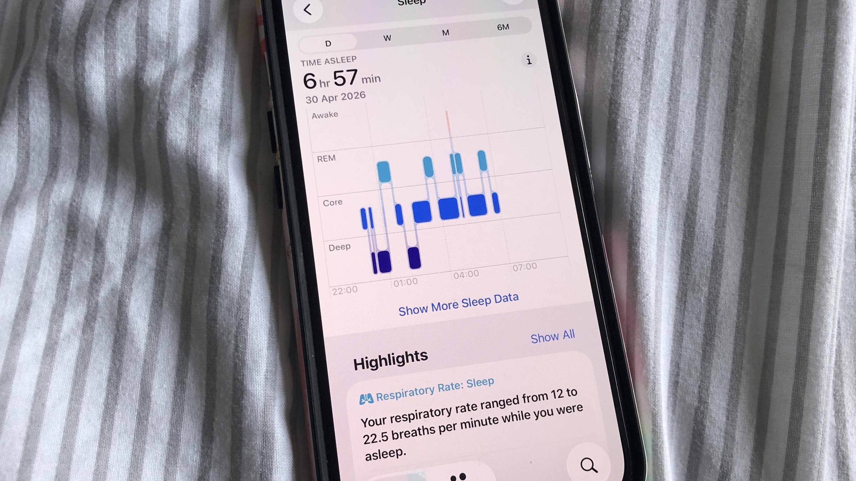 An iPhone 15 displaying Apple Watch sleep tracking data