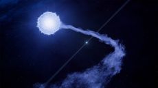 An illustration of a blue hypergiant star shooting out a giant plume of "stellar wind plasma" next to a spinning pulsar
