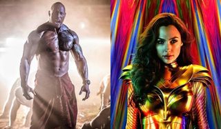 Hobbs and Shaw Dwayne Johnson screaming Wonder Woman 1984 Gal Gadot in costume, with a colorful back