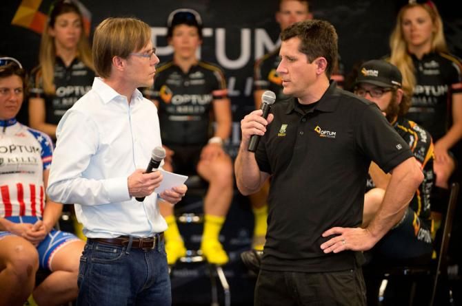 Jonas Carney discusses the 2014 version of the team with Todd Gogulski at the team presentation at Optum headquarters in Irvine, California.