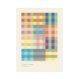 A wall art print with orange, blue, green, and purple checks with a beige border