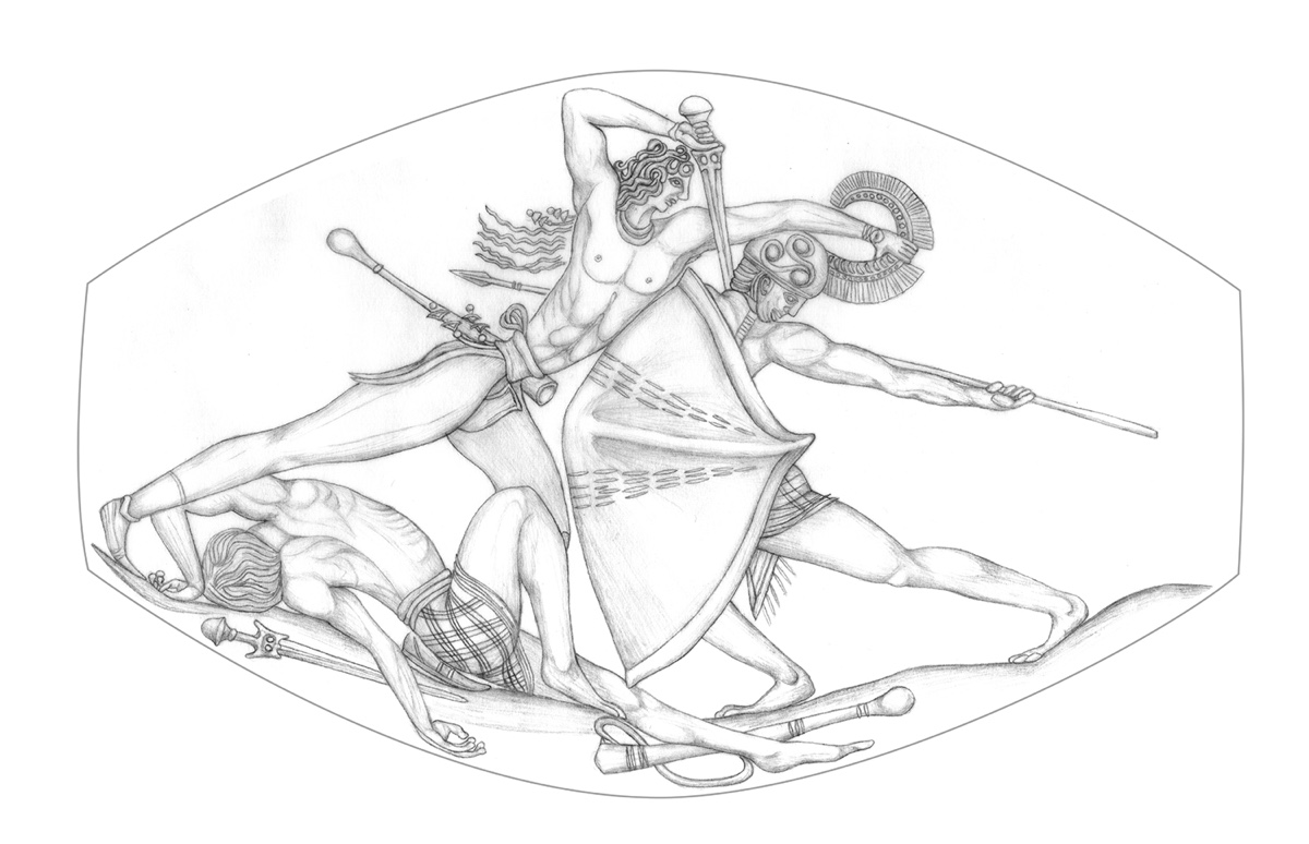 This enlarged drawing reveals the intricately detailed combat scene captured on the agate sealstone discovered by the University of Cincinnati's Sharon Stocker and Jack Davis.