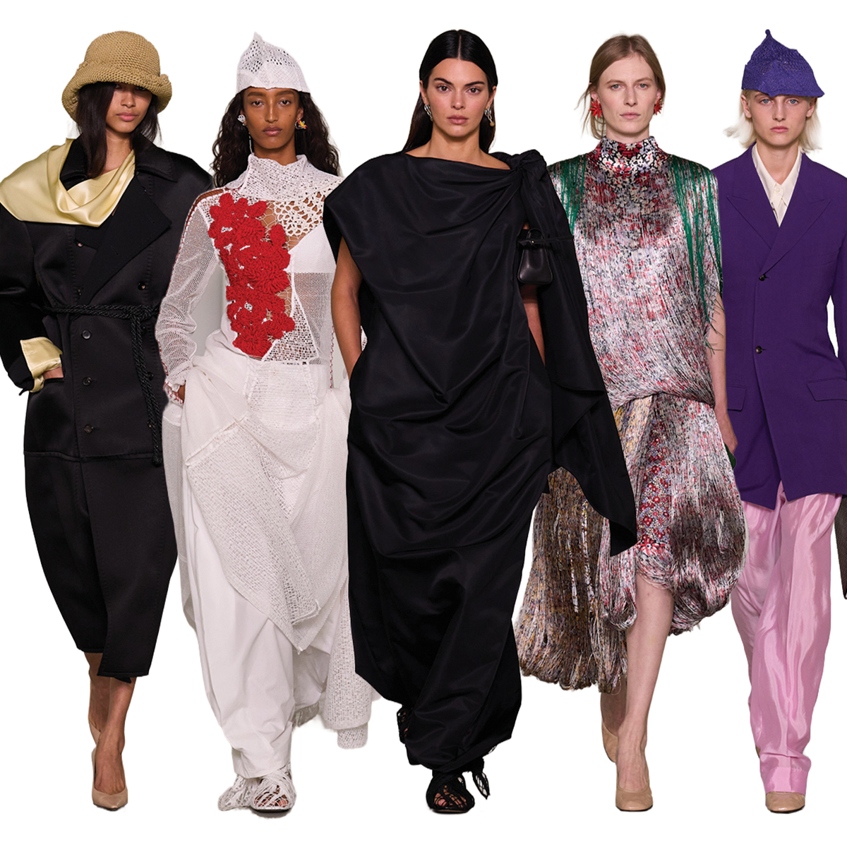 A collage of five standout looks from the Bottega Veneta Spring/Summer 2027 show during Milan Fashion Week. 