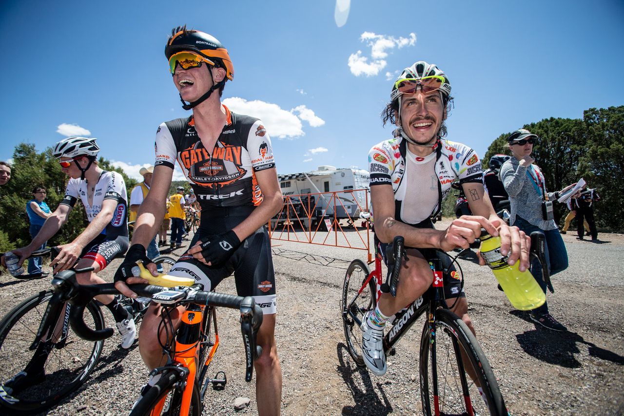 Sepp Kuss (Harley Davidson) and Lachlan Morton (Jelly Belly) have a laugh after todays finish