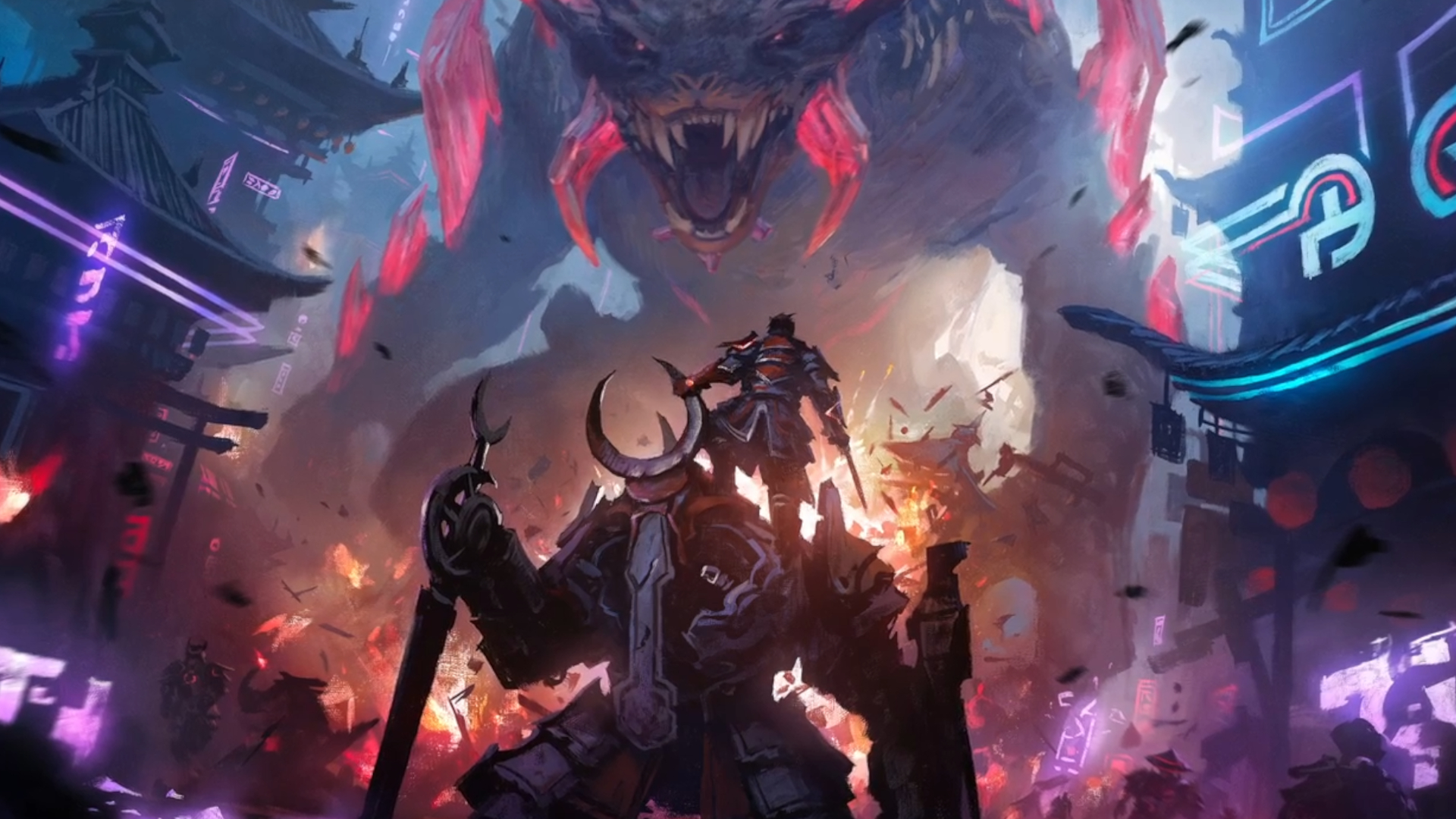 A warrior atop a mech faces off against a giant monster in a neon city