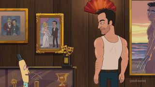 Hugh Jackman looking at wedding picture in Rick and Morty Season 7 Premiere
