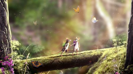 Two mice hold hands while standing on a log with a lush green forest in the background, via key art from Hela.