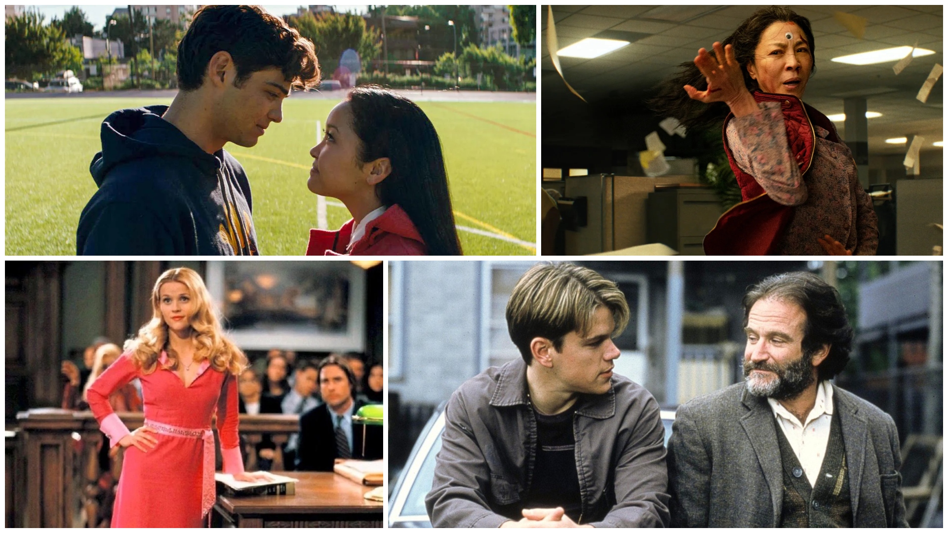a collage of the best feel good movies including legally blonde good will hunting to all the boys ive loved before and everything everywhere all at once