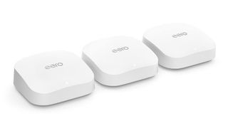 Amazon Eero Pro 6E review: mesh wi-fi router set on white background