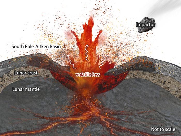 A diagram showing how the impact that carved out the South Pole&amp;ndash;Aitken Basin led to a loss of volatiles, including potassium, affecting the whole far side of the Moon. Image credit: Prof. TIAN Hengci.