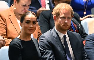 Prince Harry and Meghan Markle sit in the audience at an event