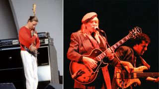 Joni Mitchell performs on stage accompanied by bassist husband Larry Klein, at Wembley Arena on April 23rd, 1983 in London, United Kingdom.