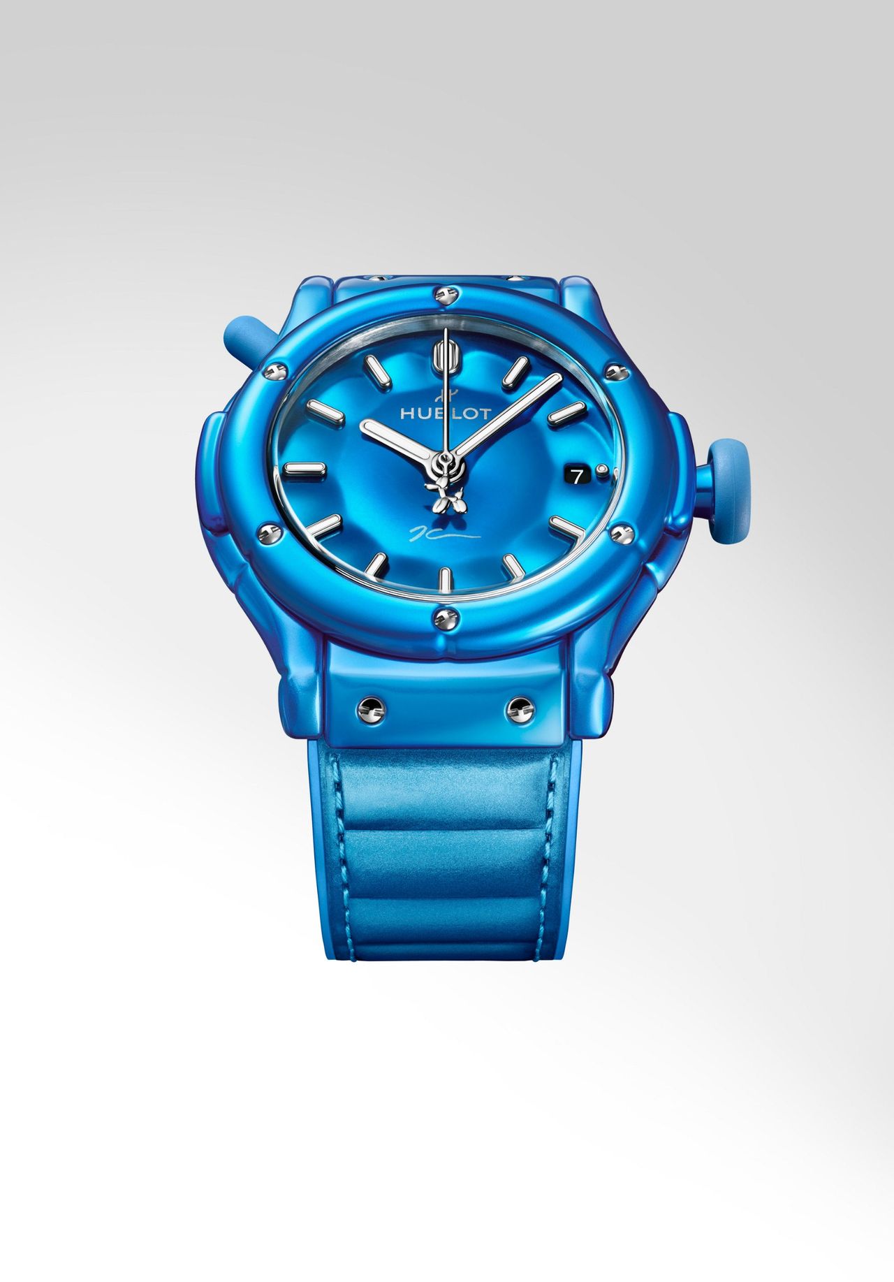 Details of watches by Jeff Koons and Hublot. They are in his signature style, bubbly and bright. Almost inflatable