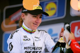 Mitchelton-Scott’s Annemiek Van Vleuten celebrates victory at the 2020 Omloop Het Nieuwsblad