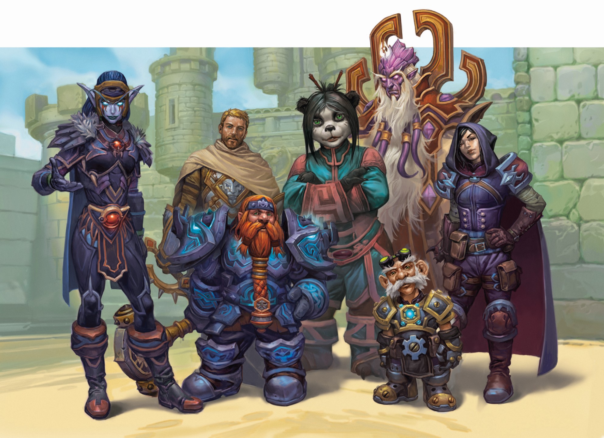 A page from Dungeons &amp;amp; Dragons: World of Warcraft. A group of Alliance characters stand in a bright castle.