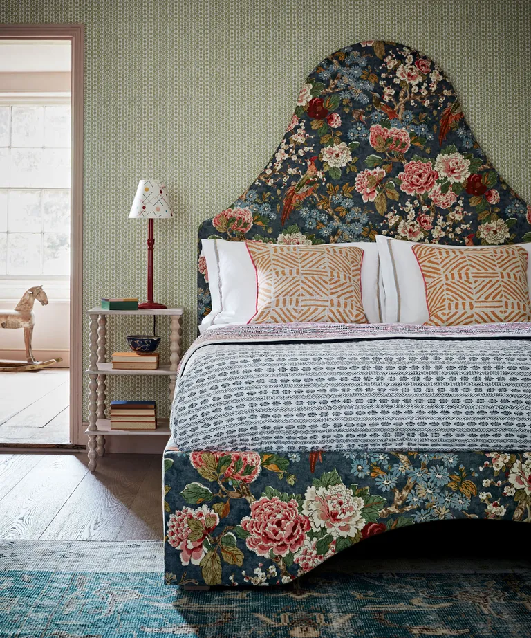 Bedroom ideas: an oversize floral fabric upholstered bed