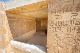 Old Kingdom tomb at Saqqara. It has hieroglyphics on the wall.