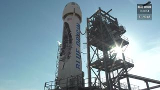 Blue Origin New Shepard Rocket on the launch pad for fourth test flight.
